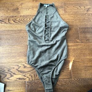 Suede bodysuit army green tank top tie front shirt